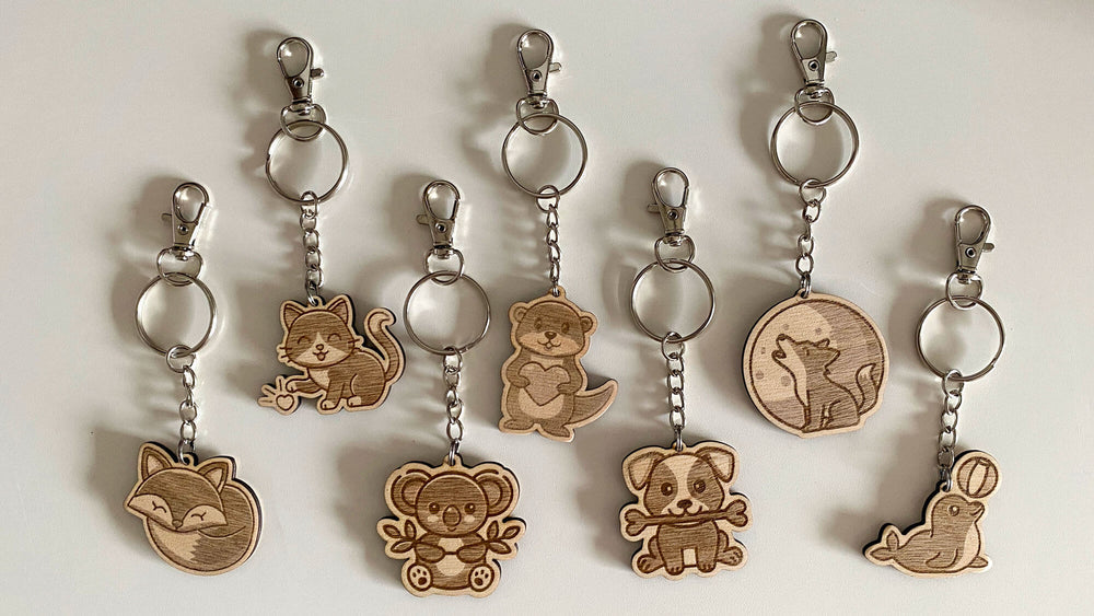 Lot de porte-clés animaux en bois – Collection Anzy’s Art